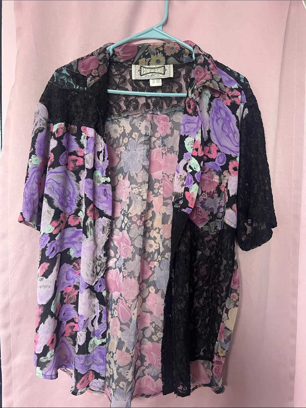 Authentic Y2K style, Hype Black Lace Floral Sheer Top with Pink & Purple Blooms